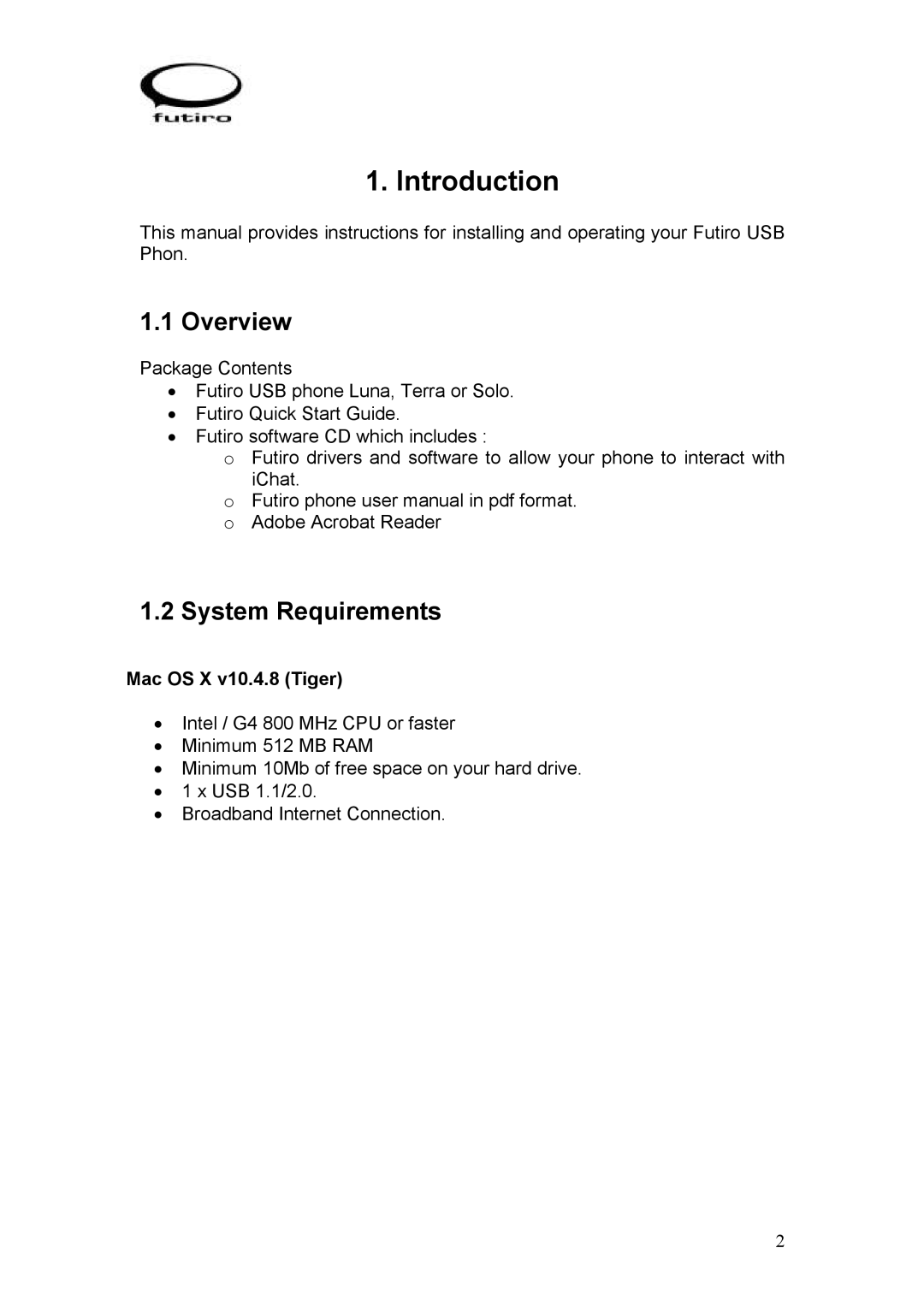 Futiro USB Phone manual Introduction, Overview, System Requirements 