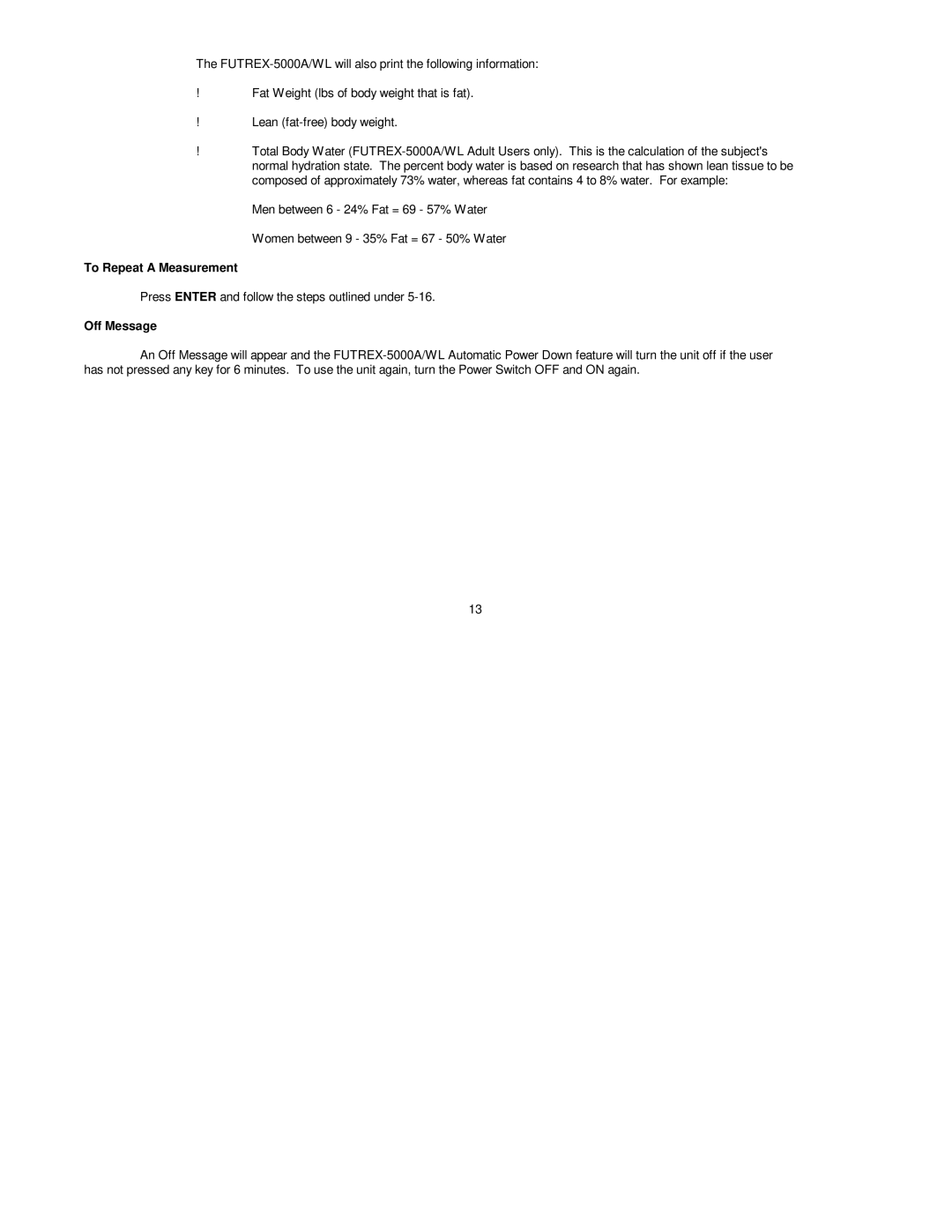 Futrex 5000A/WL, 5000/XL, 5000A/ZL manual To Repeat a Measurement, Off Message 