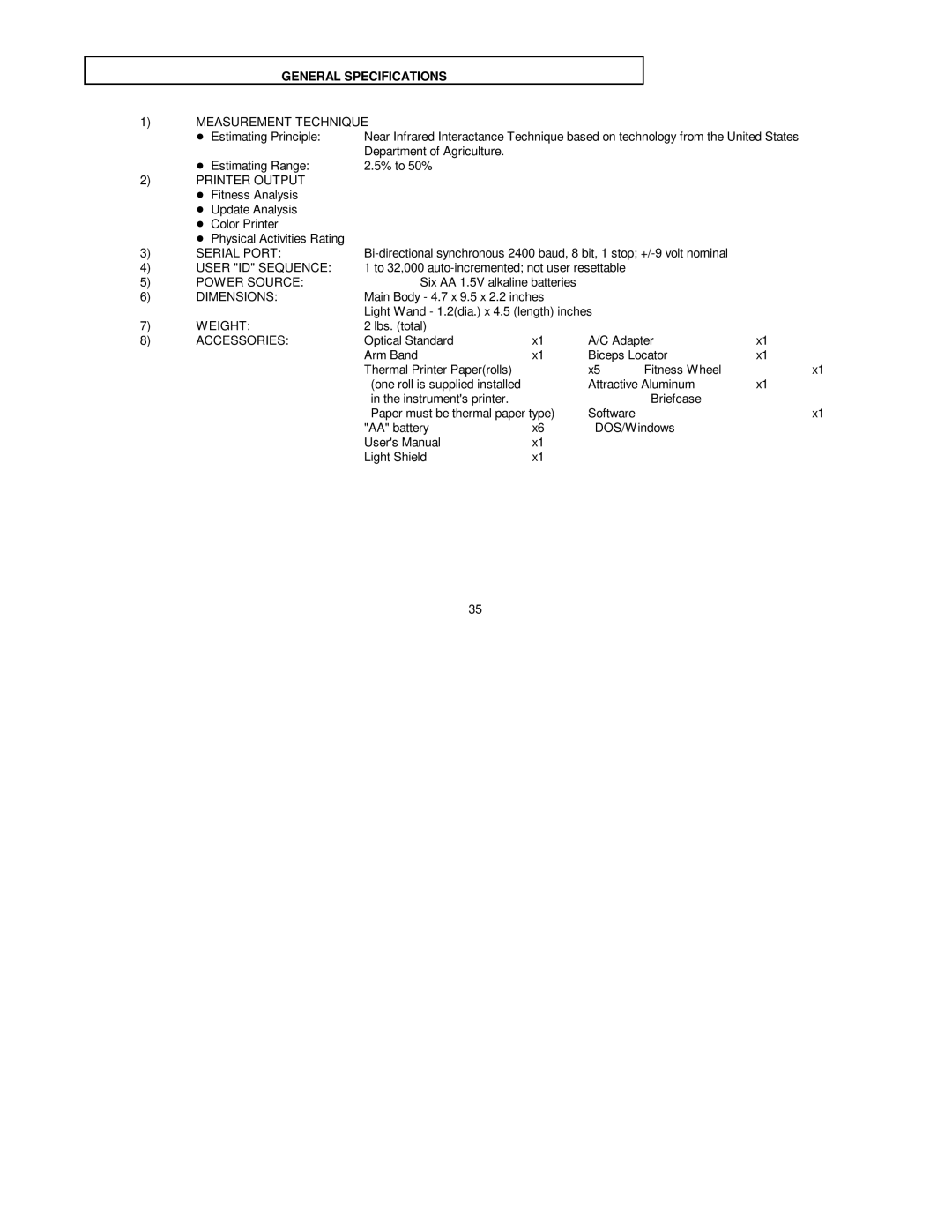 Futrex 5000/XL, 5000A/WL, 5000A/ZL manual General Specifications, Measurement Technique 