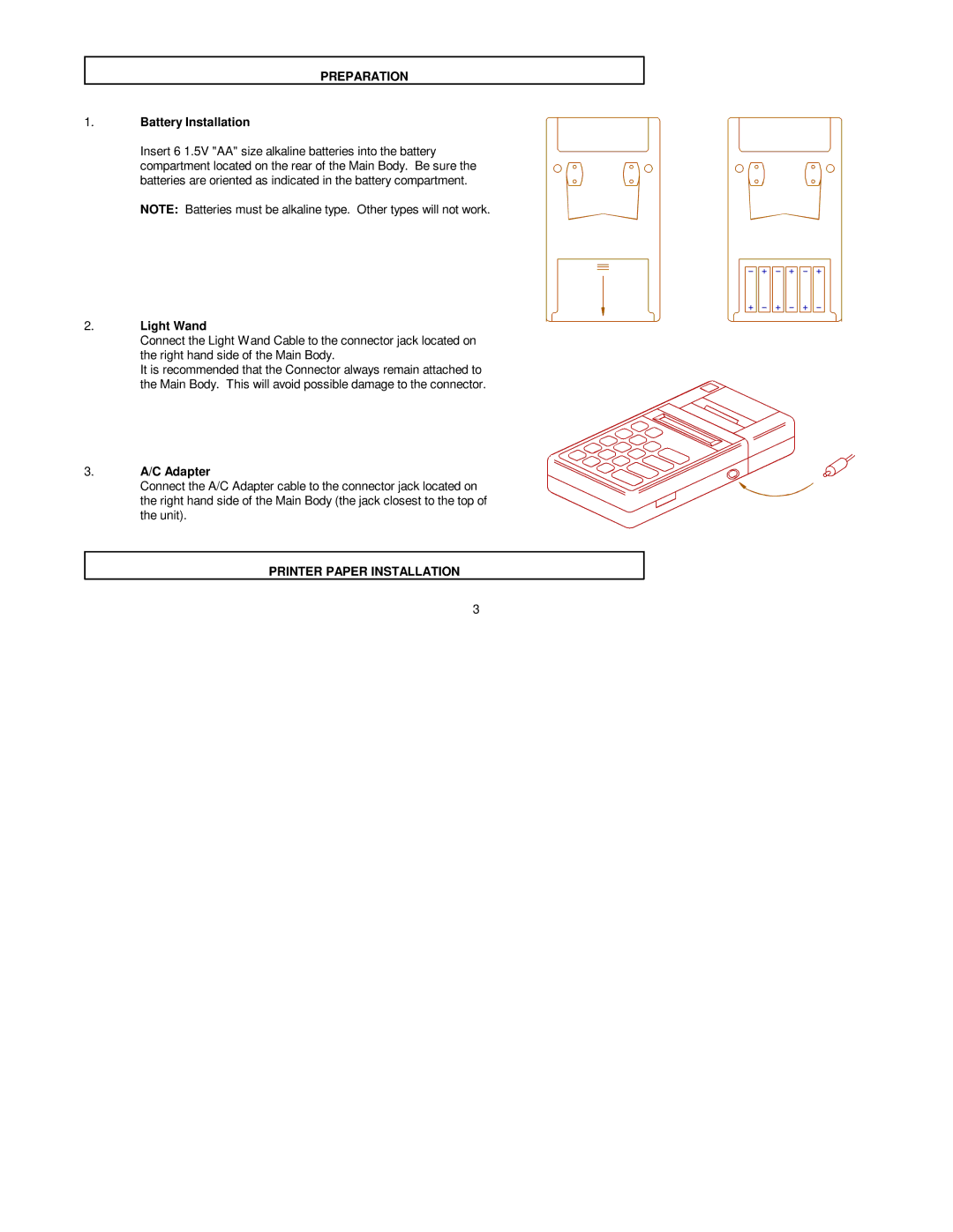 Futrex 5000A/ZL, 5000A/WL, 5000/XL manual Preparation, Battery Installation, C Adapter, Printer Paper Installation 