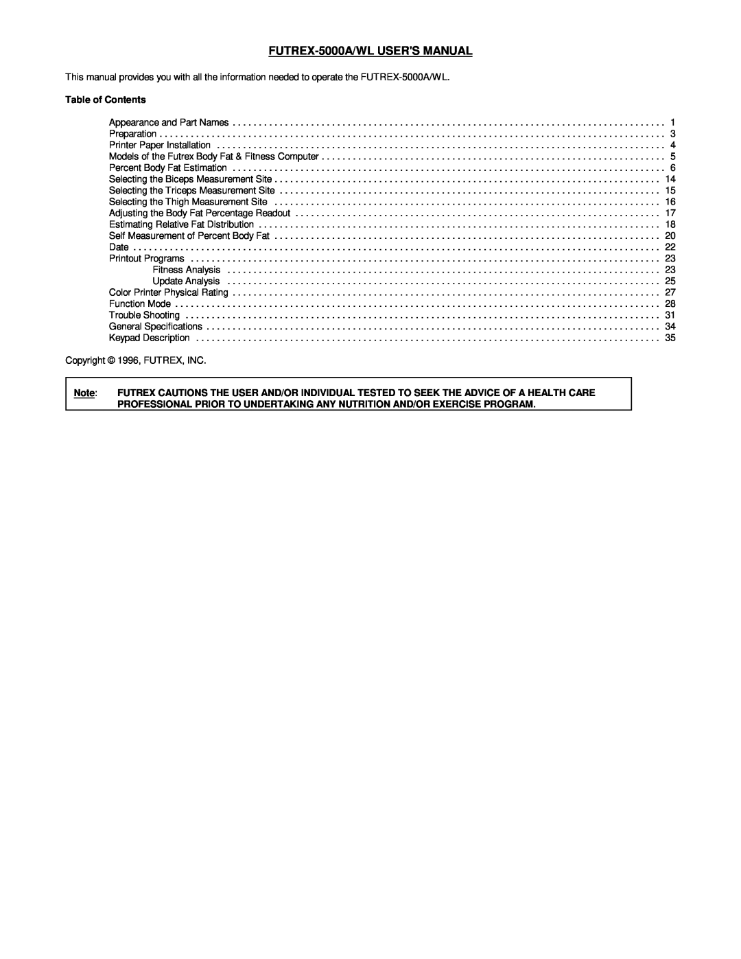 Futrex 5000A/ZL, 5000/XL manual Table of Contents, FUTREX-5000A/WL USERS MANUAL 