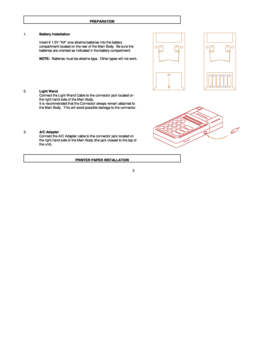 Futrex 5000A/ZL, 5000A/WL manual PREPARATION 1. Battery Installation, Light Wand, 3. A/C Adapter, Printer Paper Installation 