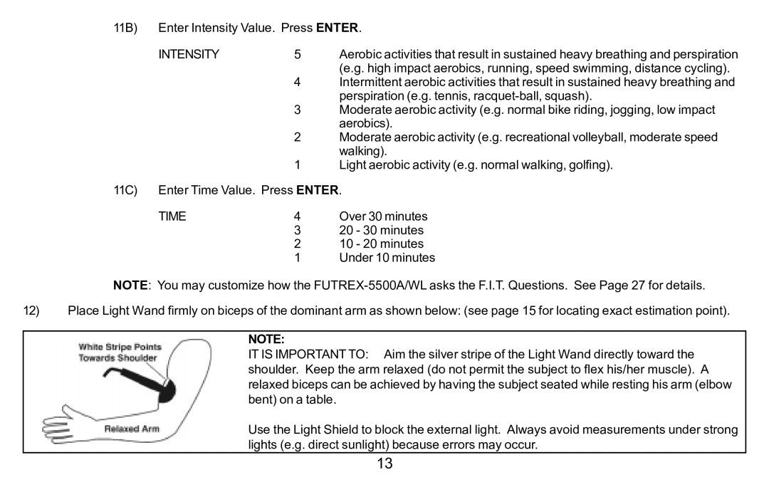 Futrex 5500A/WL manual Intensity, Time 