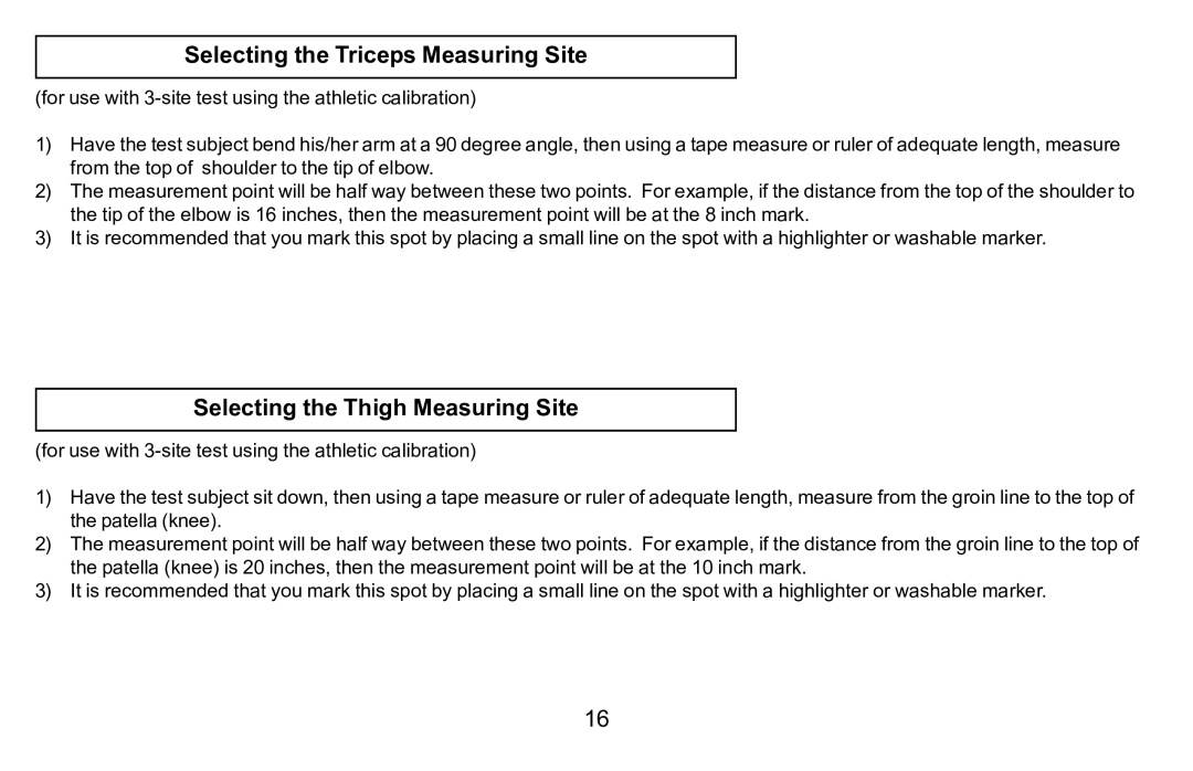 Futrex 5500A/WL manual Selecting the Triceps Measuring Site, Selecting the Thigh Measuring Site 