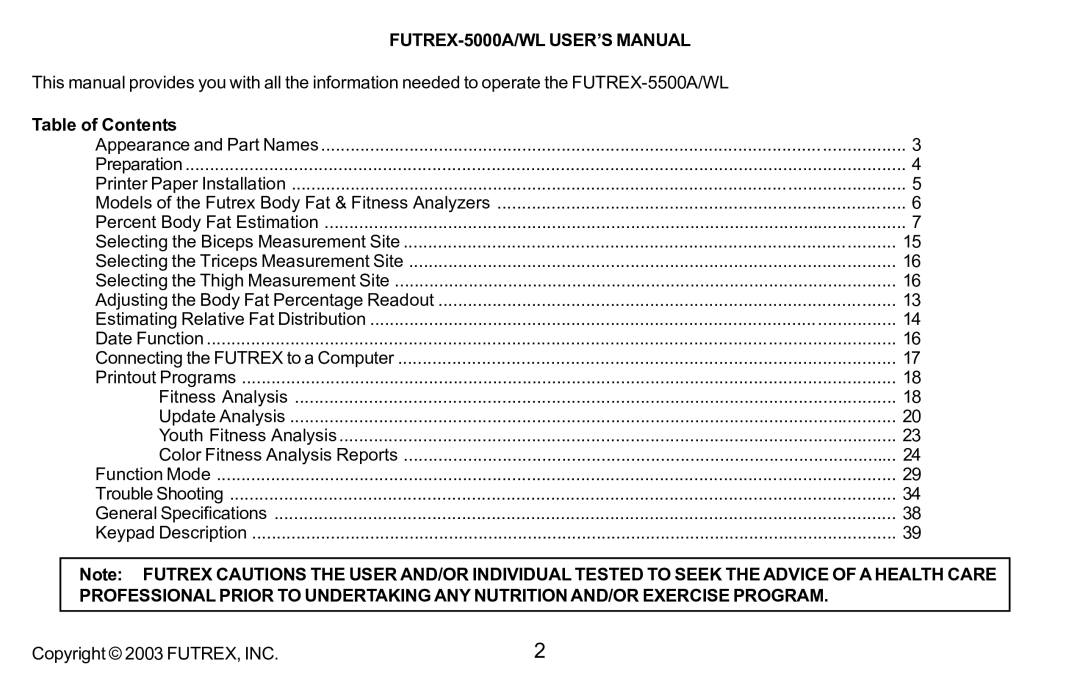 Futrex 5500A/WL manual FUTREX-5000A/WL USER’S Manual 