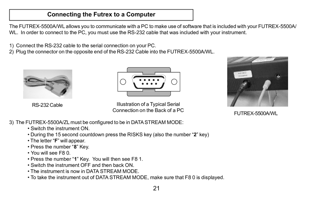 Futrex manual Connecting the Futrex to a Computer, FUTREX-5500A/WL 