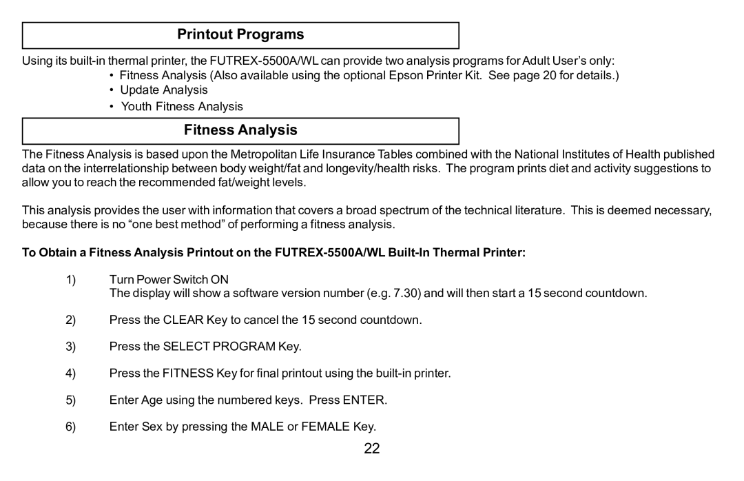 Futrex 5500A/WL manual Printout Programs, Fitness Analysis 