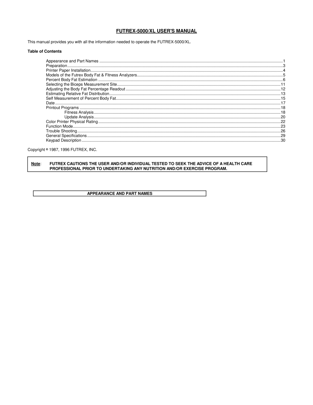 Futrex Futrex -5000/XL manual Table of Contents 