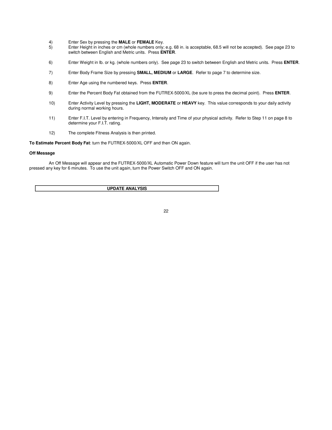 Futrex Futrex -5000/XL manual Off Message, Update Analysis 