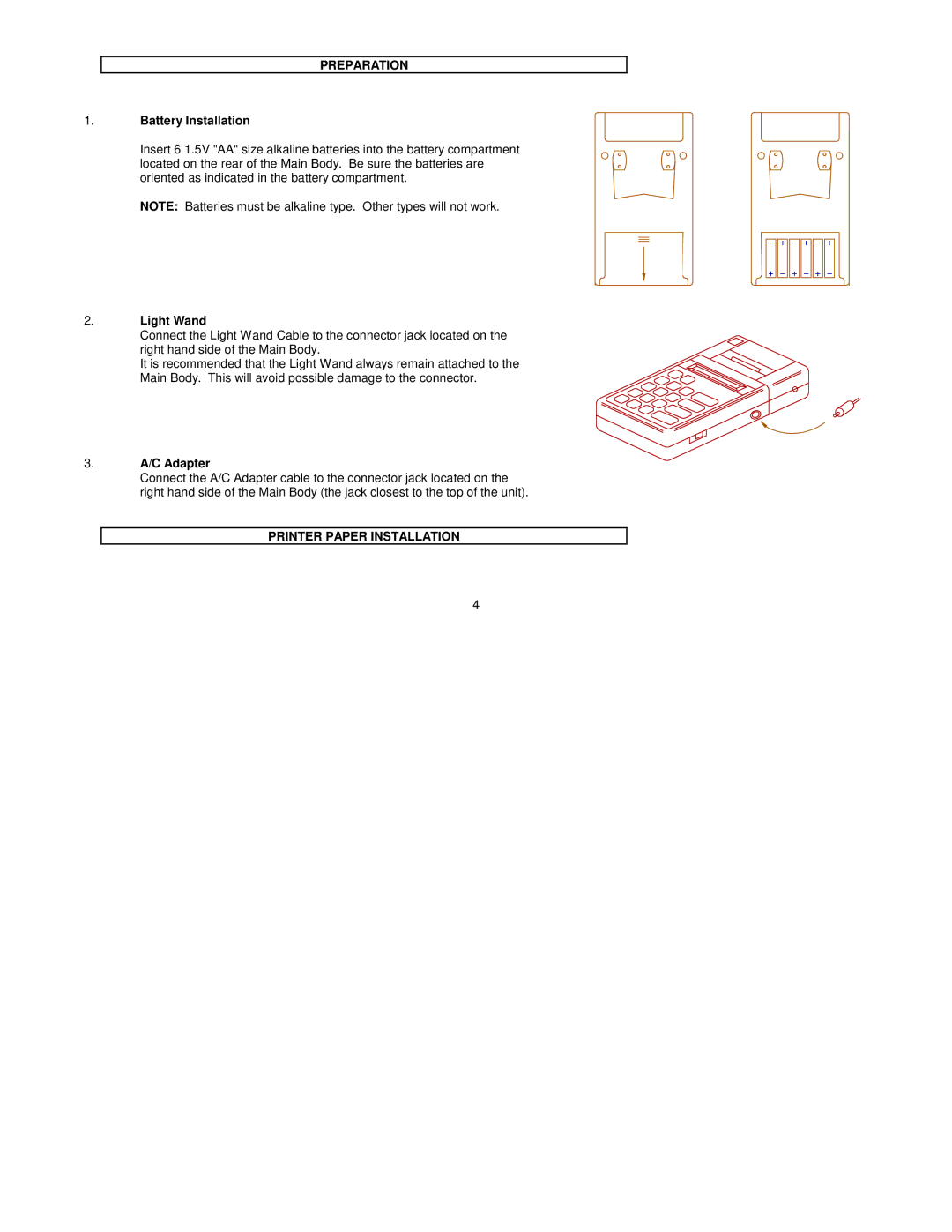 Futrex Futrex -5000/XL manual Preparation, Battery Installation, C Adapter, Printer Paper Installation 