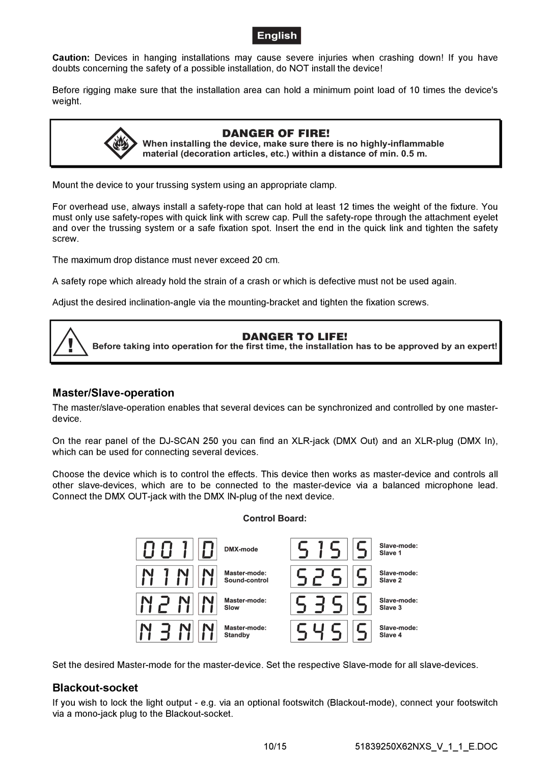 Futuretech 250 user manual Master/Slave-operation, Blackout-socket 