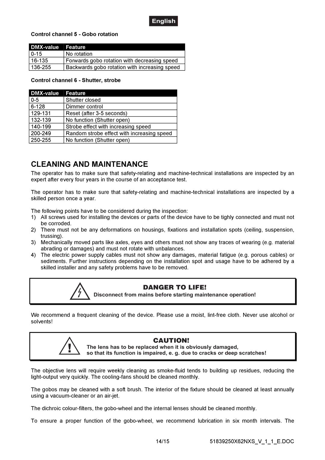 Futuretech 250 user manual Cleaning and Maintenance, Control channel 5 Gobo rotation, Control channel 6 Shutter, strobe 