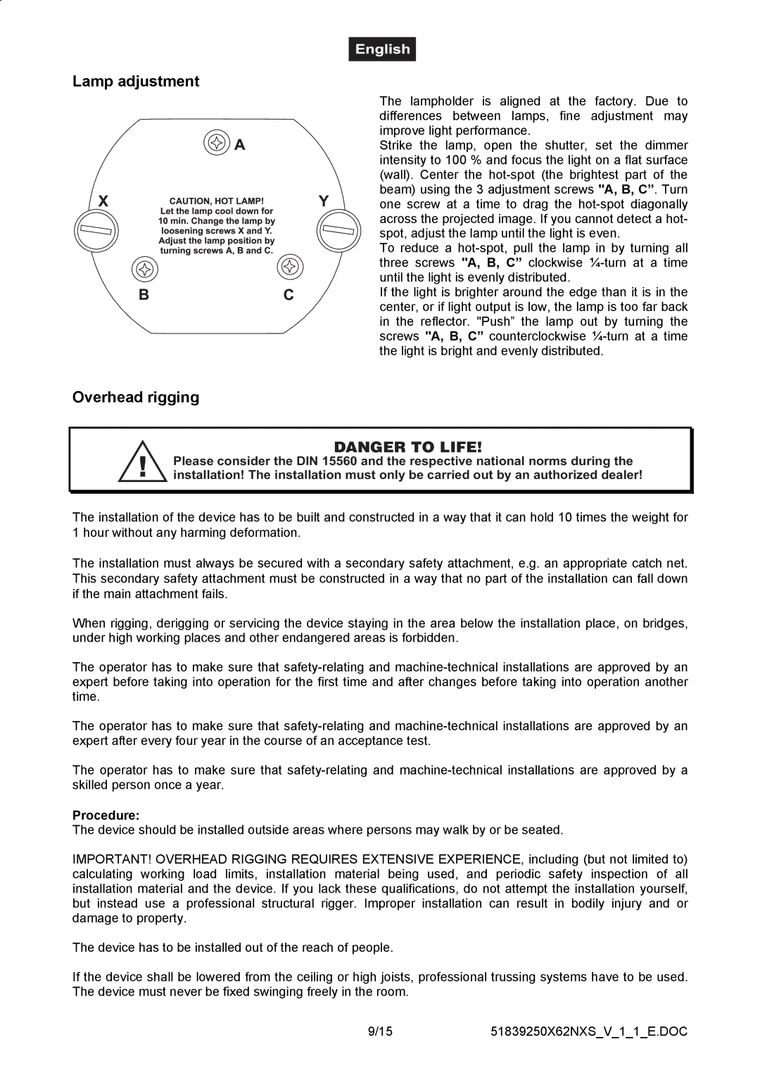 Futuretech 250 user manual Lamp adjustment, Overhead rigging 