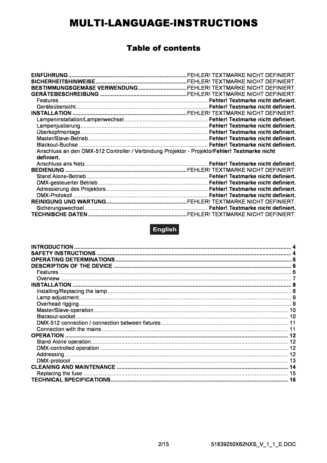 Futuretech 250 user manual Table of contents, Multi-Language-Instructions, Fehler! Textmarke nicht definiert 