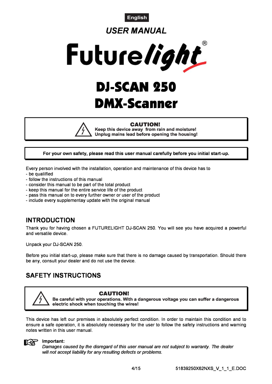 Futuretech 250 user manual Introduction, Safety Instructions, DJ-SCAN DMX-Scanner, User Manual 