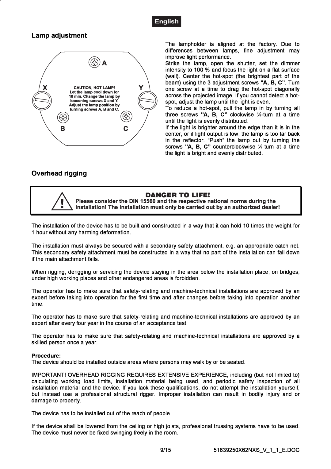 Futuretech 250 user manual Danger To Life, Lamp adjustment, Overhead rigging, Procedure 