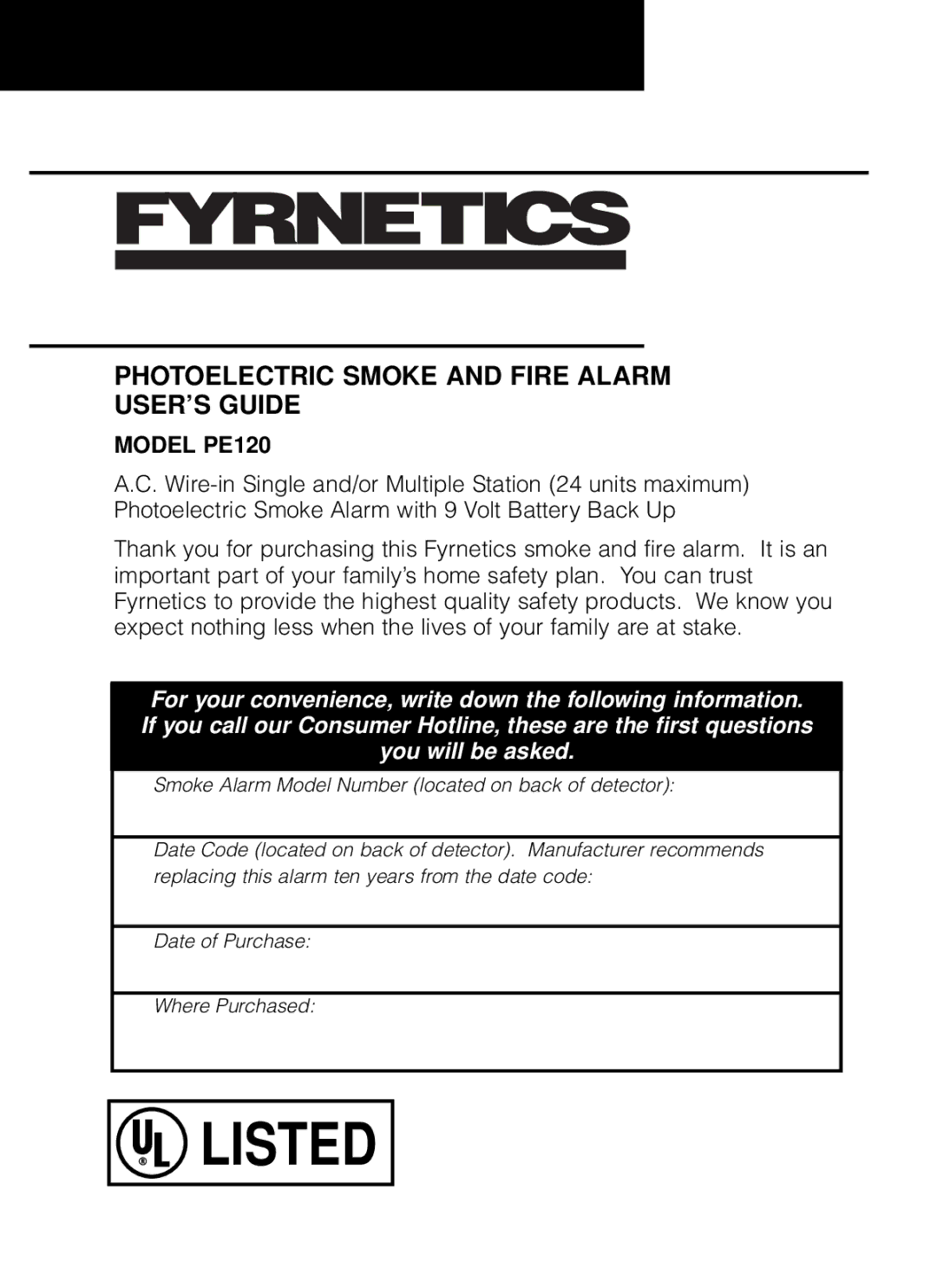 Fyrnetics manual Photoelectric Smoke and Fire Alarm USER’S Guide, Model PE120 