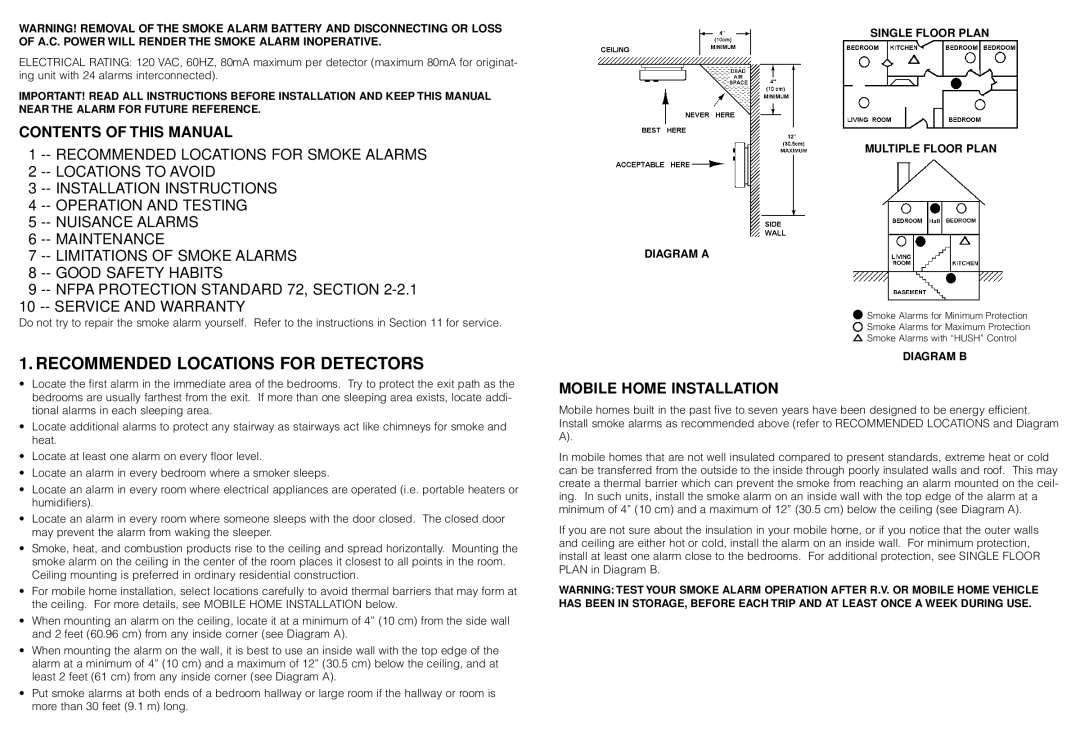 Fyrnetics PE120 manual Recommended Locations for Detectors, Contents of this Manual, Mobile Home Installation 