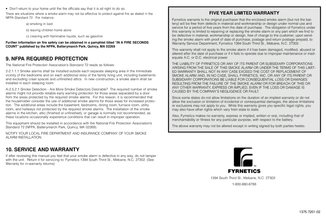 Fyrnetics PE120 manual Nfpa Required Protection, Service and Warranty, Fyrnetics, Five Year Limited Warranty 