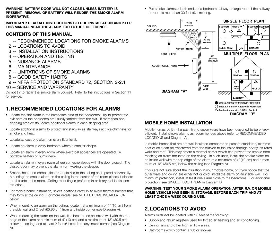 Fyrnetics PE9 Recommended Locations for Alarms, Locations to Avoid, Contents of this Manual, Mobile Home Installation 