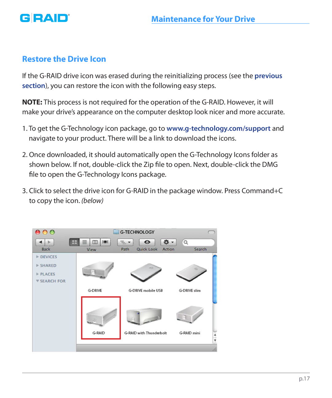 G-Technology 0G00273 manual Maintenance for Your Drive Restore the Drive Icon 