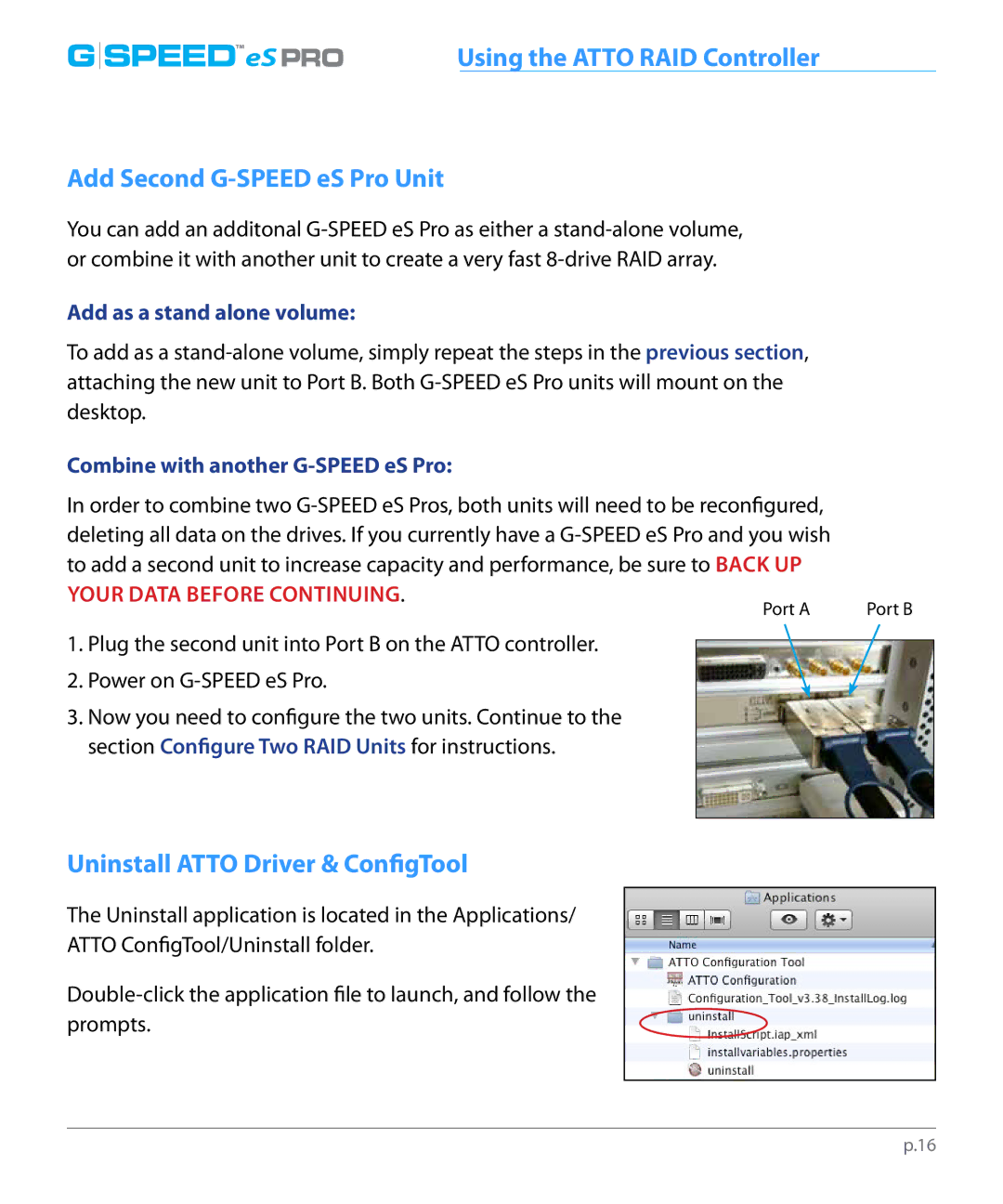 G-Technology 0G01868 manual Add Second G-SPEED eS Pro Unit, Uninstall Atto Driver & ConfigTool, Add as a stand alone volume 