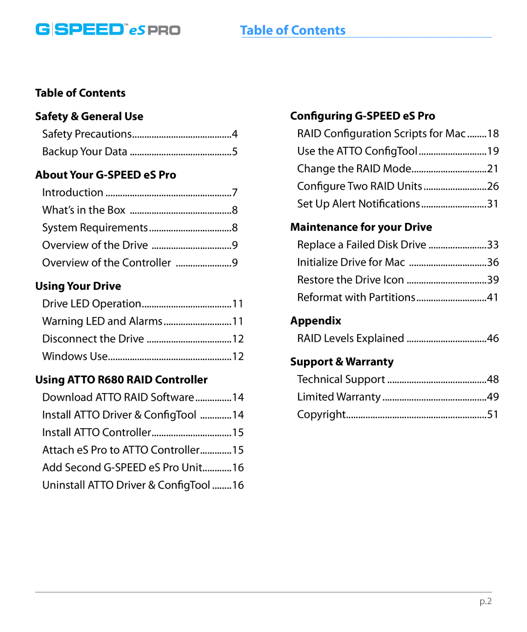 G-Technology 0G01868 manual SPEEDeS PRO, Table of Contents 