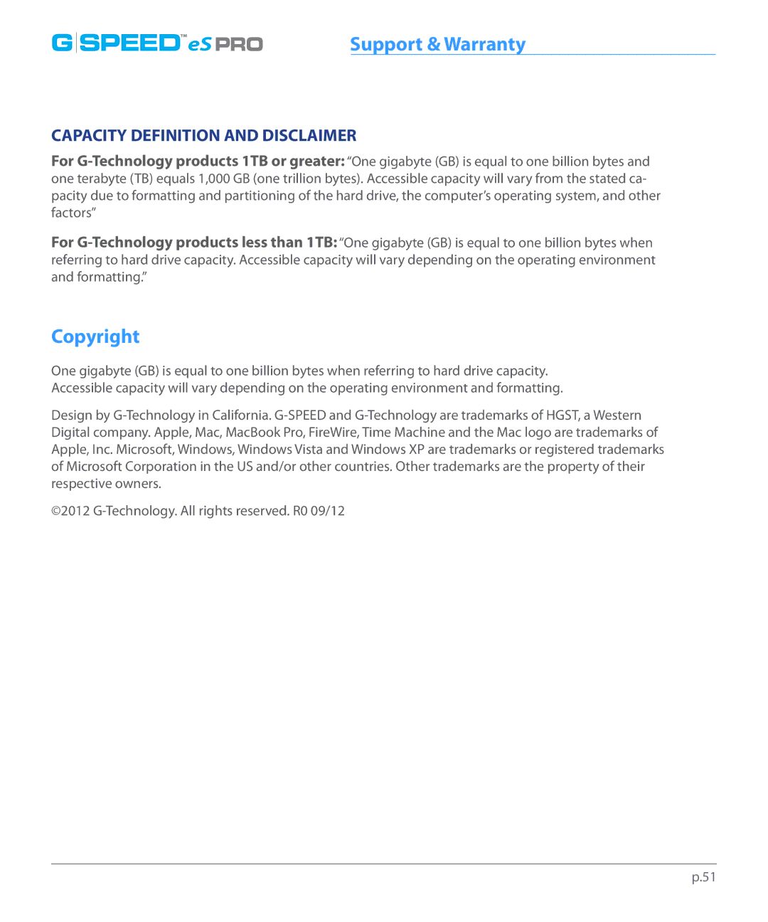 G-Technology 0G01868 manual Copyright, Capacity Definition and Disclaimer 