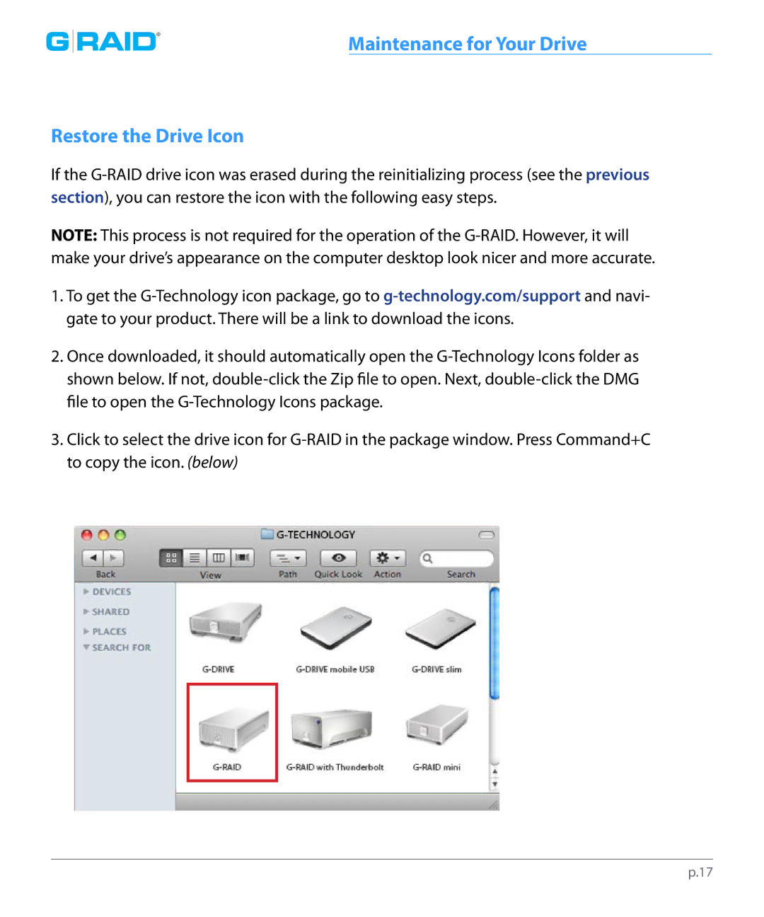 G-Technology 0G02289 manual Maintenance for Your Drive Restore the Drive Icon 