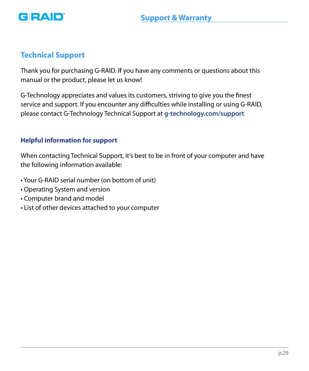 G-Technology 0G02289 manual Support & Warranty Technical Support, Helpful information for support 