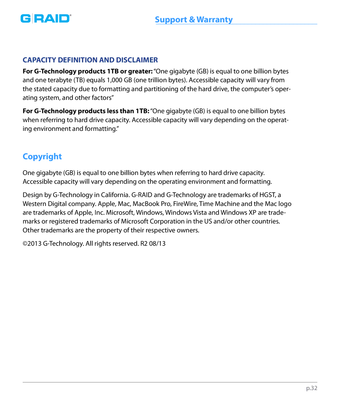 G-Technology 0G02289 manual Copyright, Capacity Definition and Disclaimer 