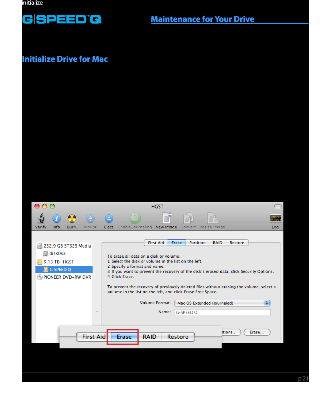 G-Technology 0G02319 manual Initialize Drive for Mac, Maintenance for Your Drive, G Speedq 