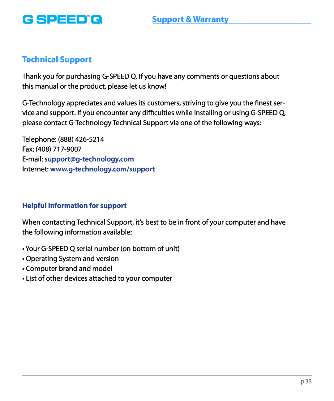 G-Technology 0G02319 manual Technical Support, Support & Warranty, E-mail support@g-technology.com, G Speedq 