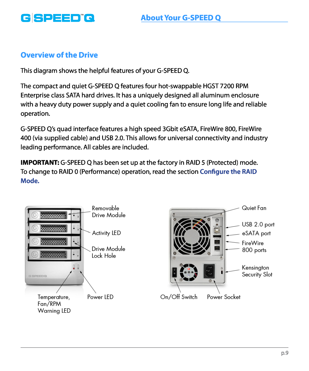 G-Technology 0G02319 manual Overview of the Drive, Mode, G Speedq, About Your G-SPEED Q 