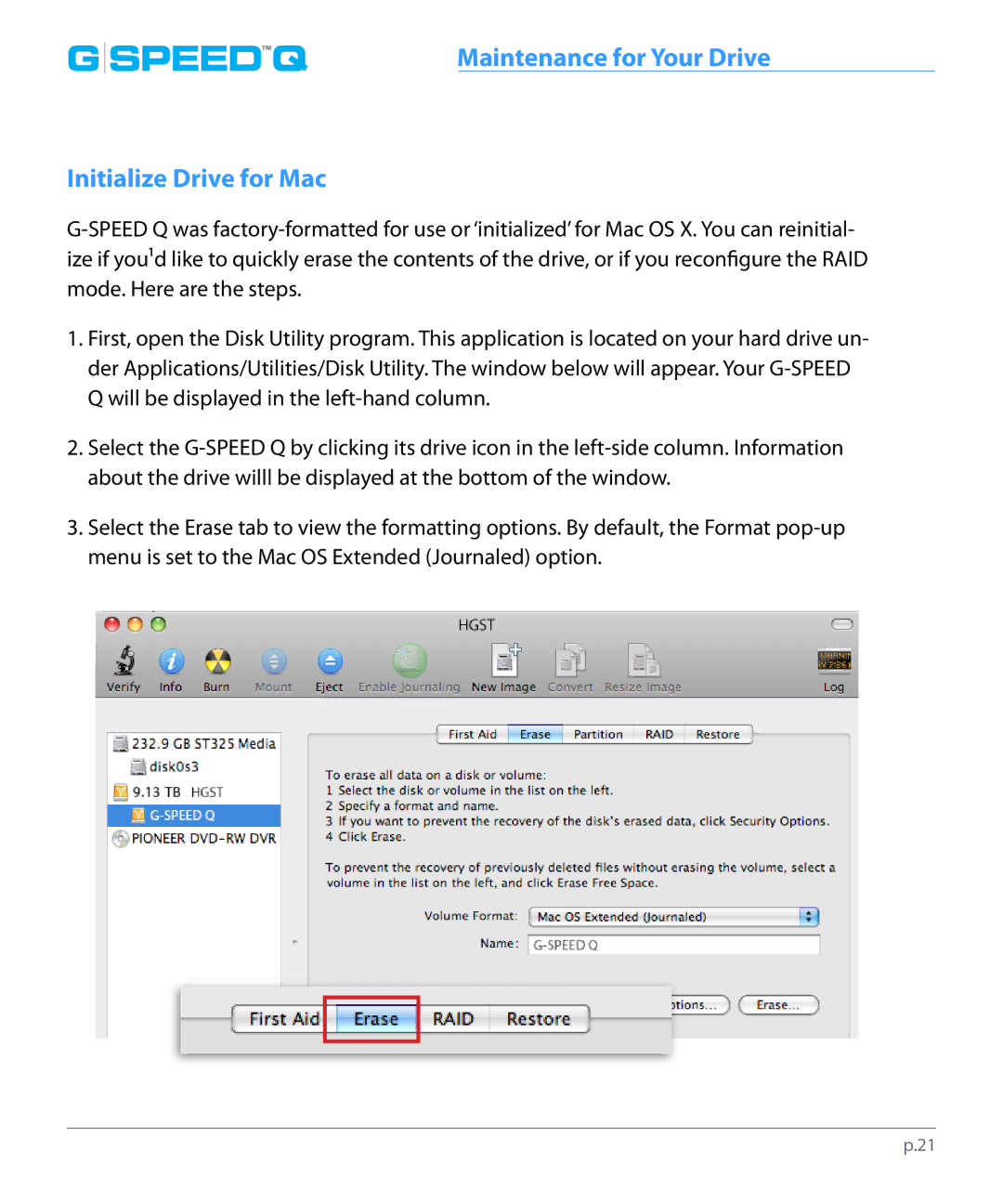 G-Technology 0G02319 manual Initialize Drive for Mac 