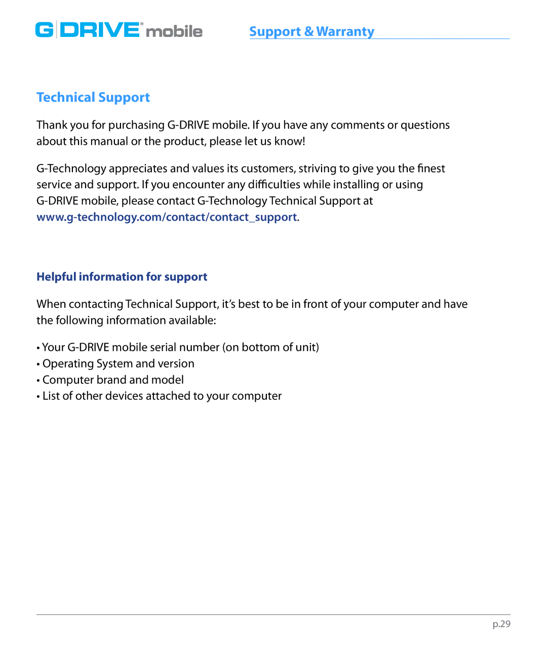 G-Technology 0G02529 manual Support & Warranty, Technical Support, Helpful information for support 
