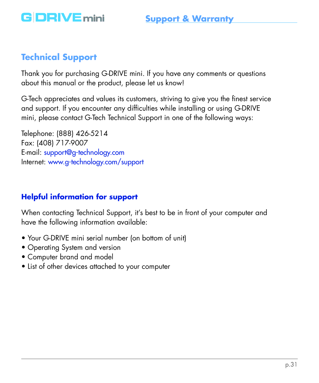 G-Technology 0G02568 manual Support & Warranty Technical Support, Helpful information for support 