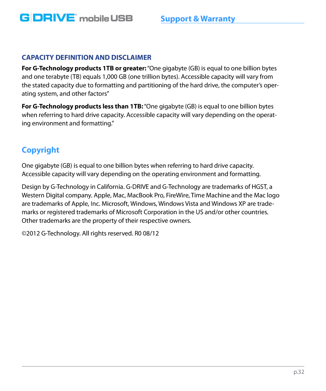 G-Technology GC760AV, 0G02229 manual Copyright, Capacity Definition and Disclaimer 