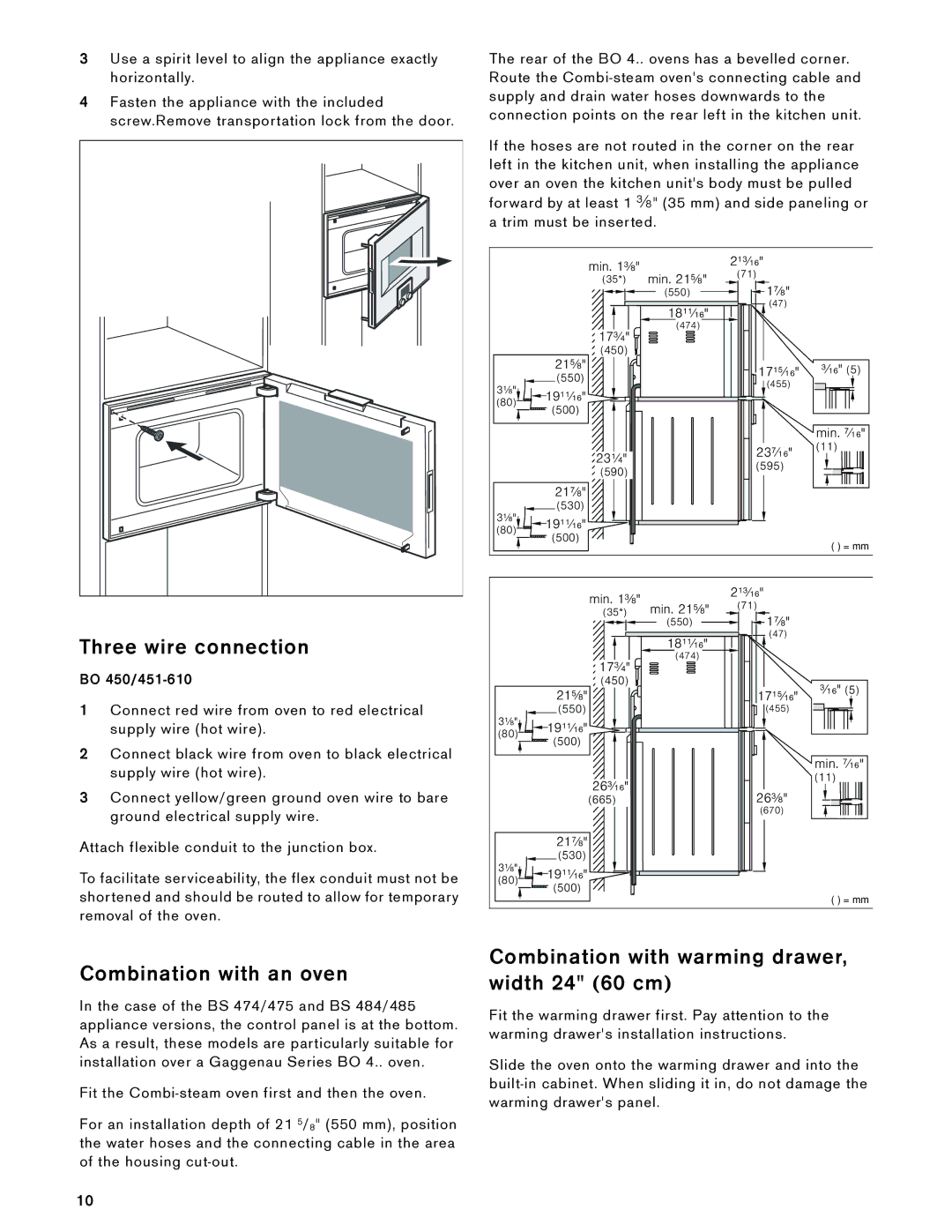 Gaggenau 475 610, 485 610 Three wire connection, Combination with an oven, Combination with warming drawer, width 24 60 cm 