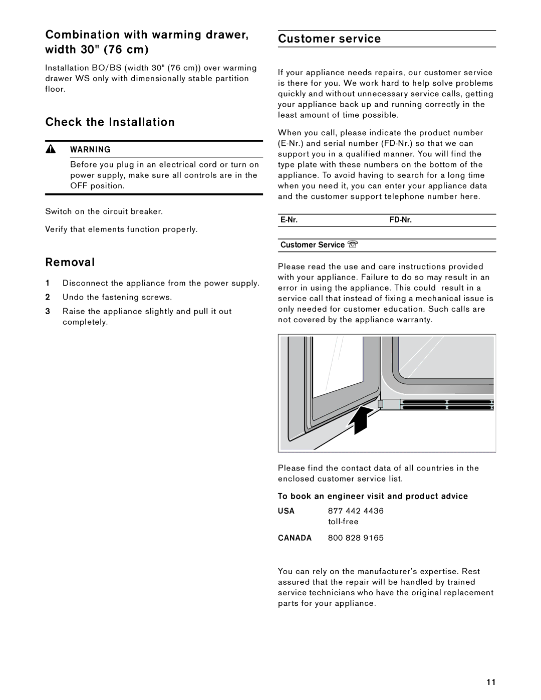 Gaggenau BS 484, BS 474 Combination with warming drawer, width 30 76 cm, Check the Installation, Removal, Customer service 