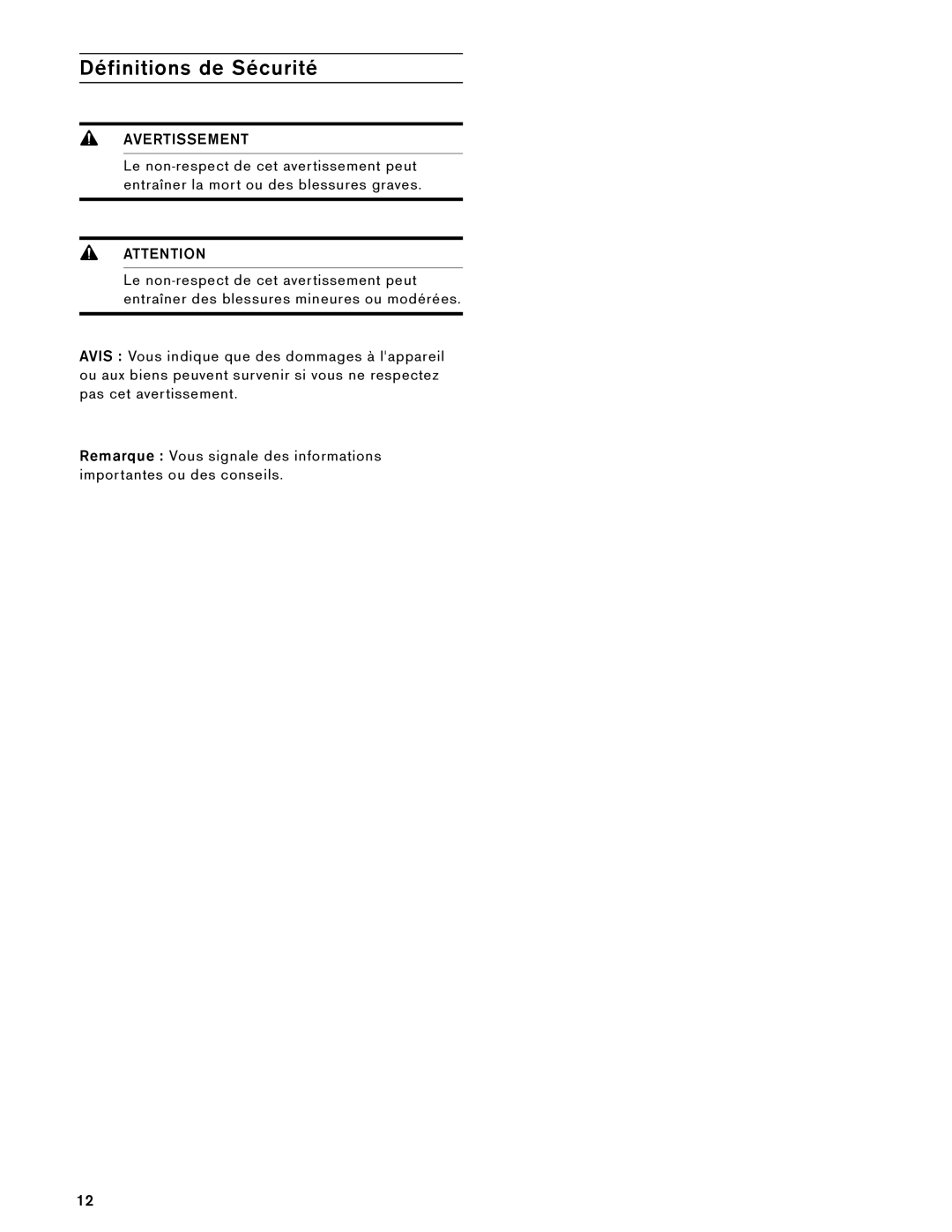 Gaggenau 485 610, BS 474, 475 610, BS 484 installation instructions Définitions de Sécurité, Avertissement 