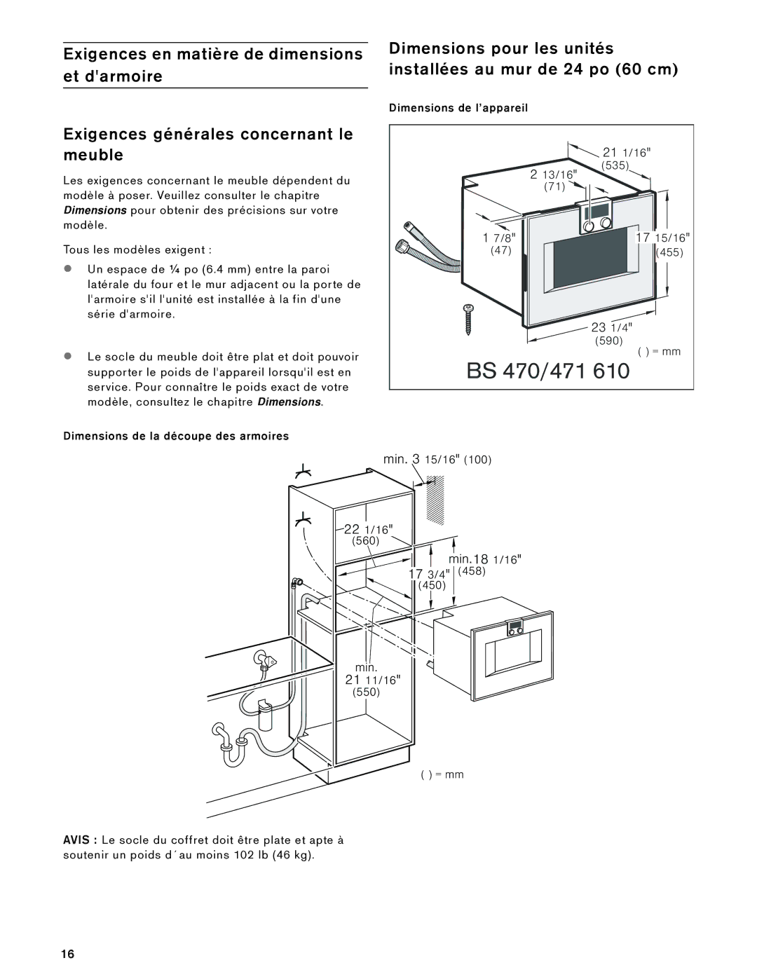 Gaggenau 485 610 Dimensions pour les unités installées au mur de 24 po 60 cm, Dimensions de la découpe des armoires 