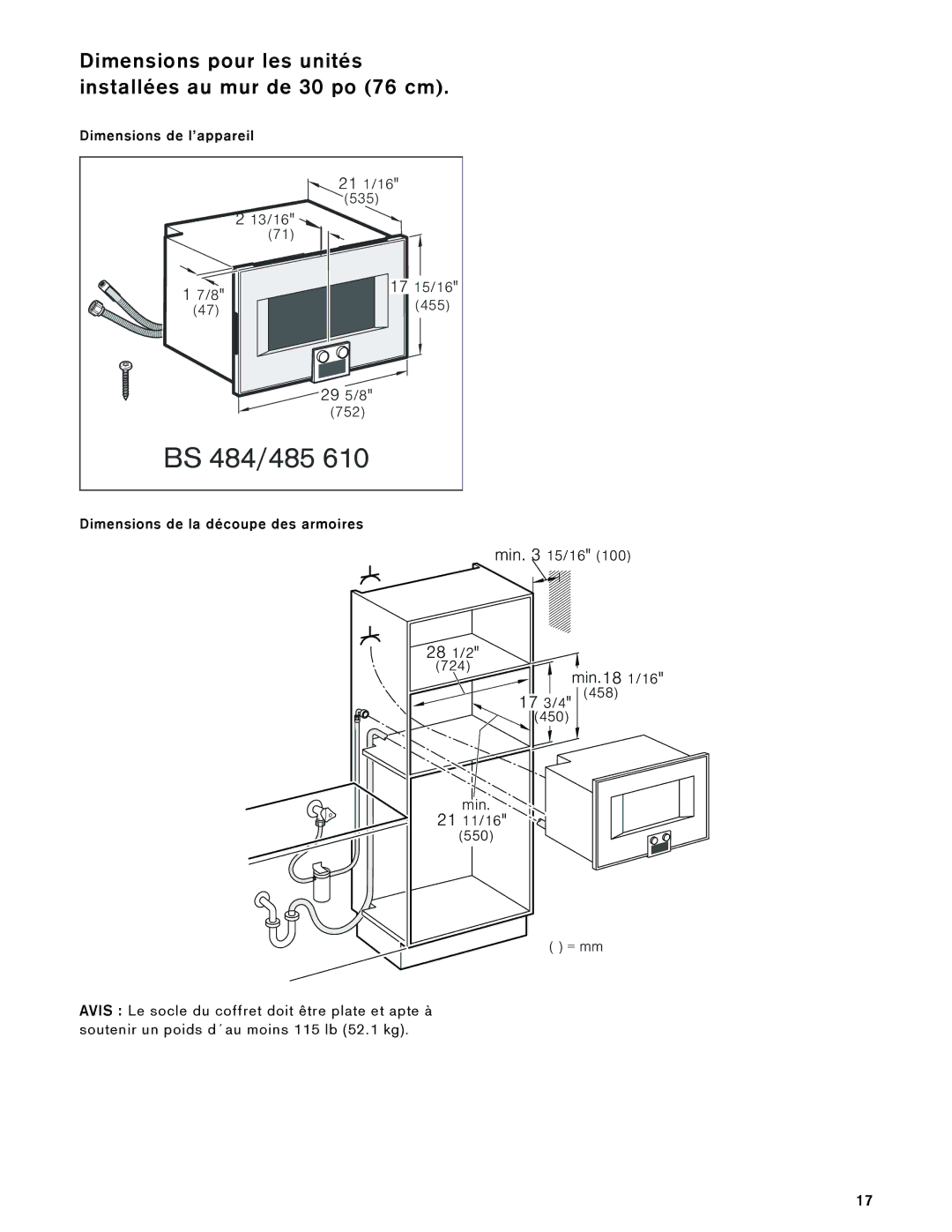 Gaggenau BS 474, 485 610, 475 610, BS 484 Dimensions pour les unités installées au mur de 30 po 76 cm 