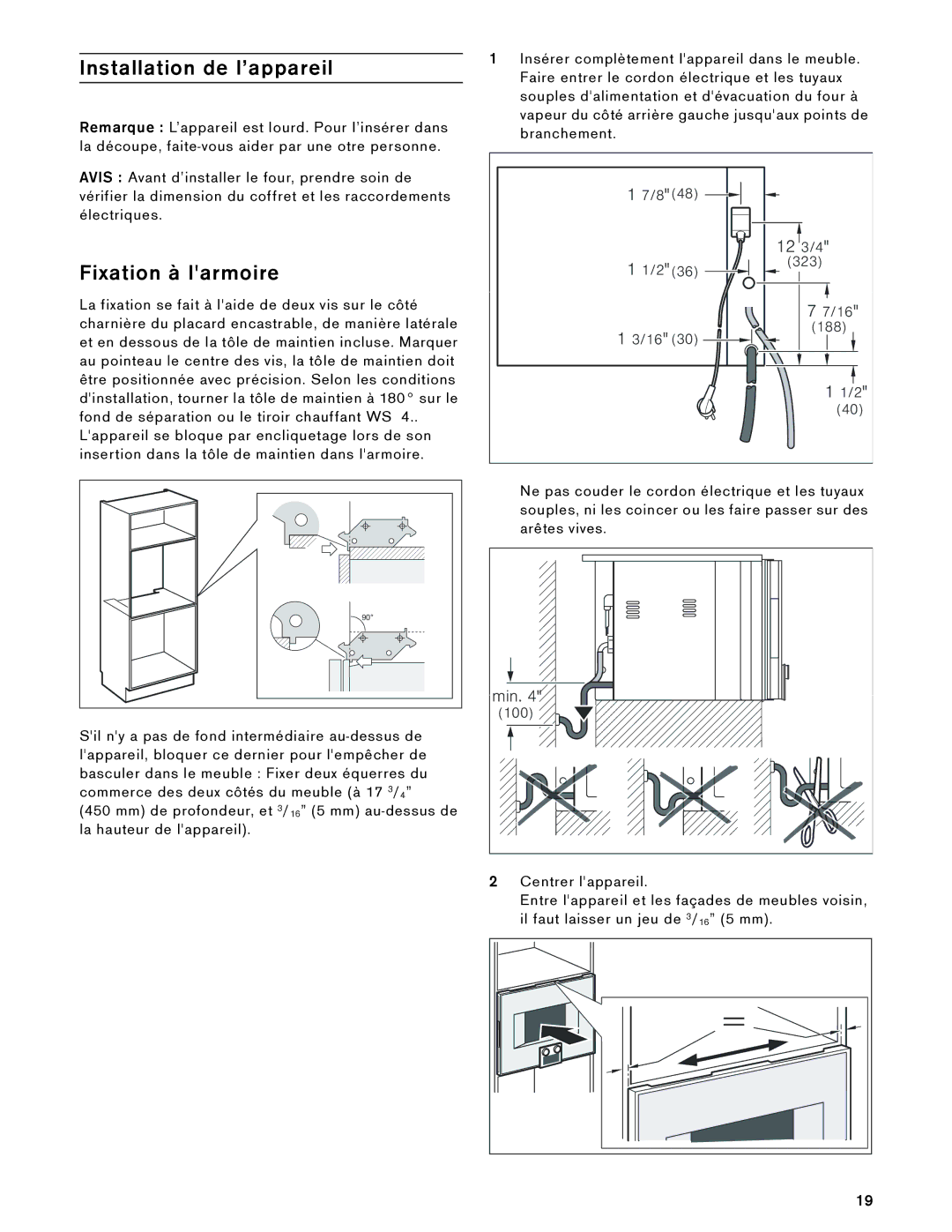 Gaggenau BS 484, 485 610, BS 474, 475 610 installation instructions Installation de l’appareil, Fixation à larmoire 