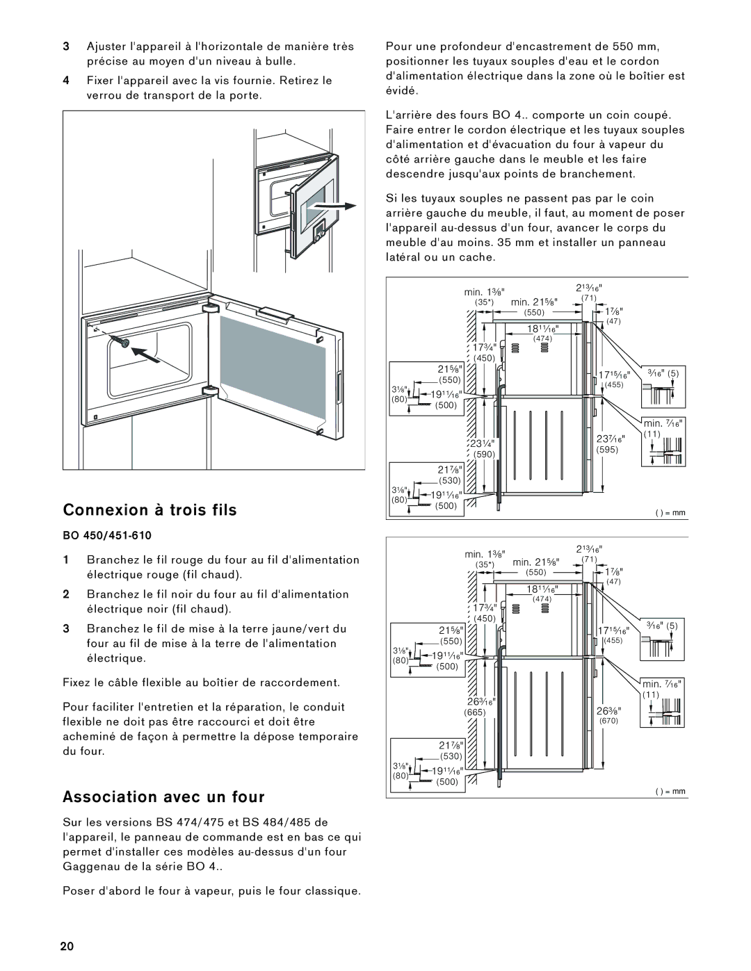 Gaggenau 485 610, BS 474, 475 610, BS 484 installation instructions Connexion à trois fils, Association avec un four 