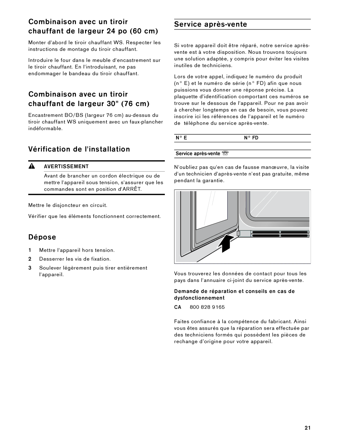 Gaggenau BS 474, BS 484 Combinaison avec un tiroir chauffant de largeur 24 po 60 cm, Vérification de linstallation, Dépose 