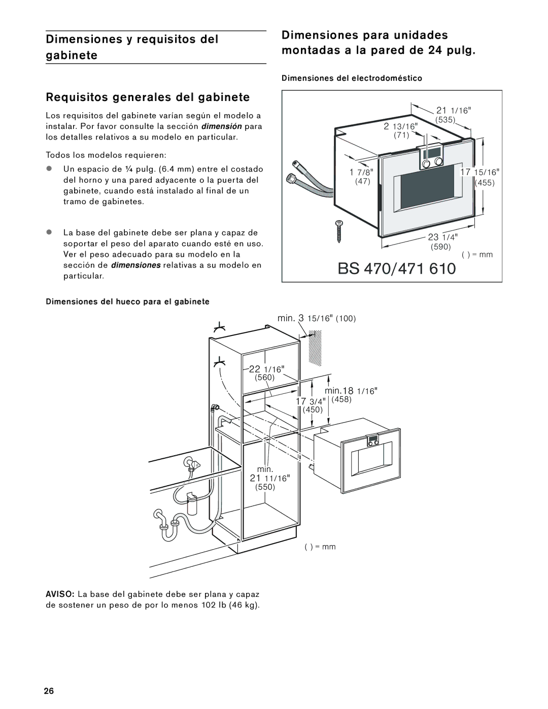 Gaggenau 475 610, 485 610 Dimensiones para unidades montadas a la pared de 24 pulg, Dimensiones del hueco para el gabinete 