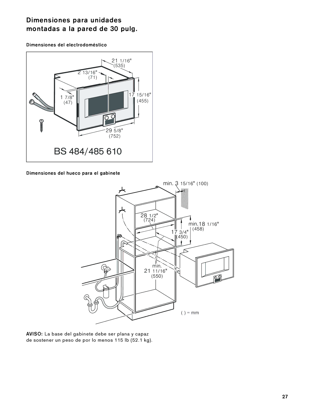 Gaggenau BS 484, 485 610, BS 474, 475 610 installation instructions Dimensiones para unidades montadas a la pared de 30 pulg 