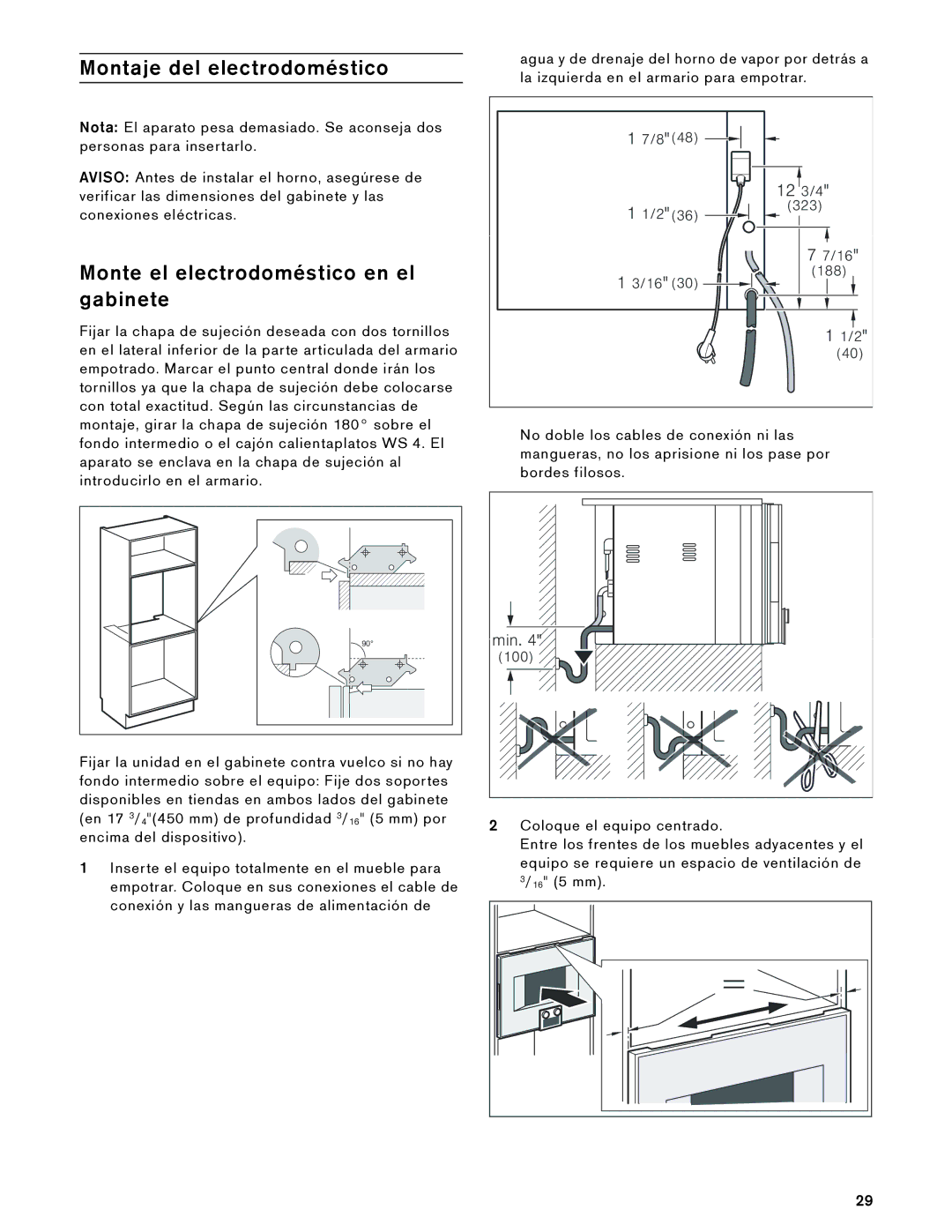 Gaggenau BS 474, 485 610, 475 610, BS 484 Montaje del electrodoméstico, Monte el electrodoméstico en el gabinete 