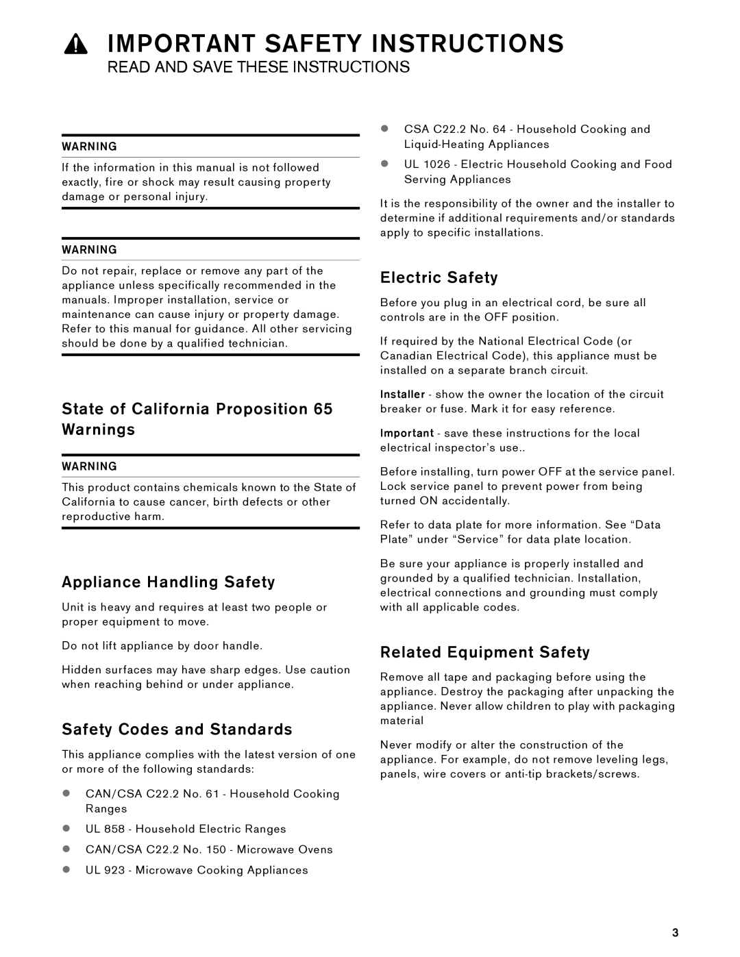 Gaggenau BS 484, BS 474 State of California Proposition 65 Warnings, Appliance Handling Safety, Safety Codes and Standards 